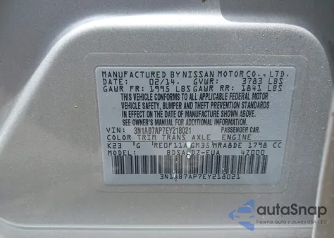 2014 Nissan Sentra Fe+ S/Fe+ Sv/S/Sl/Sr/Sv z USA, uszkodzony, nr VIN 3N1AB7AP7EY218021